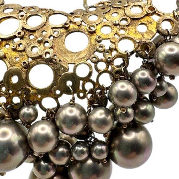 ALEXIS BITTAR Statement Gold-Tone Gray Faux Pearl Bib Necklace Holiday - Picture 3 of 5